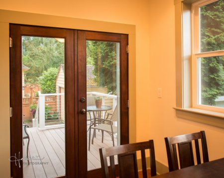 The Kitchen addition: french doors with view to newly constructed back deck.
